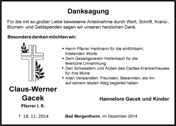 Traueranzeige von Claus-Werner Gacek 