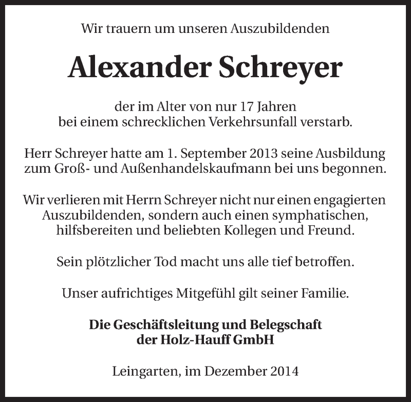  Traueranzeige für Alexander Schreyer vom 06.12.2014 aus 