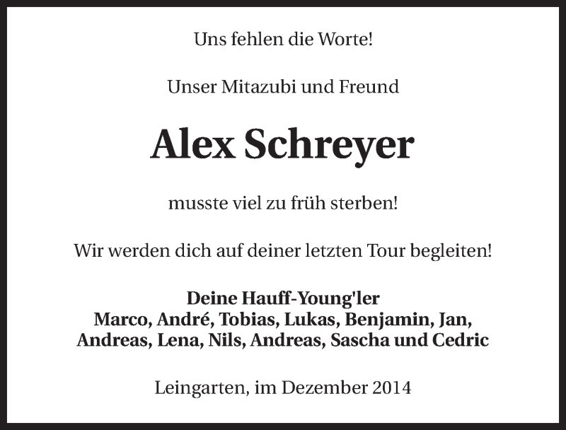  Traueranzeige für Alexander Schreyer vom 06.12.2014 aus 