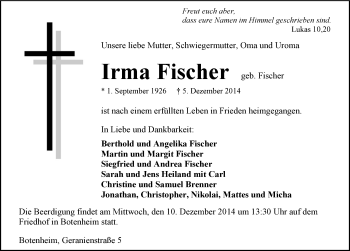 Traueranzeige von Irma Fischer 