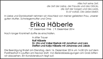 Traueranzeige von Erika Häberle 