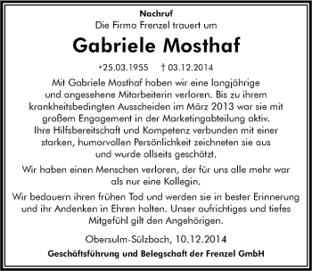 Traueranzeige von Gabriele Mosthaf 