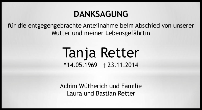  Traueranzeige für Tanja Retter vom 12.12.2014 aus 