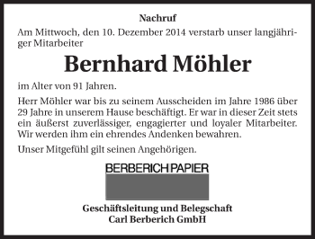 Traueranzeige von Bernhard Möhler 