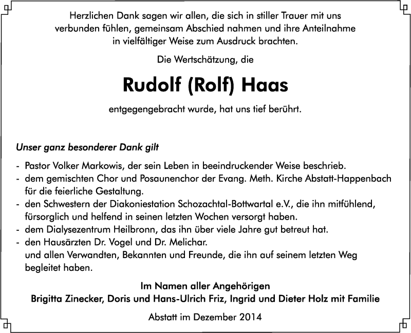  Traueranzeige für Rudolf Haas vom 13.12.2014 aus 