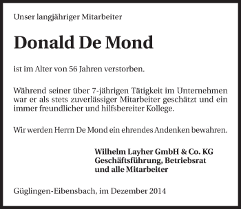 Traueranzeige von Donald De Mond 