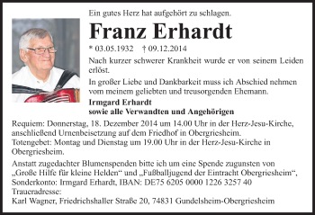 Traueranzeige von Franz Erhardt 