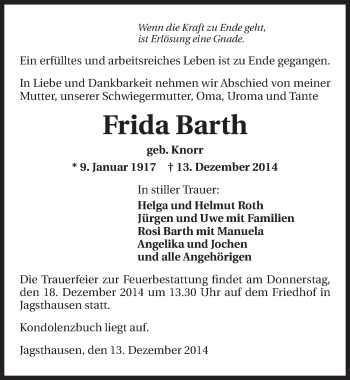 Traueranzeige von Frida Barth 