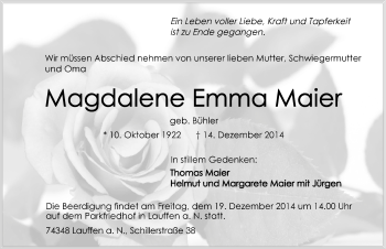 Traueranzeige von Magdalene Emma Maier 