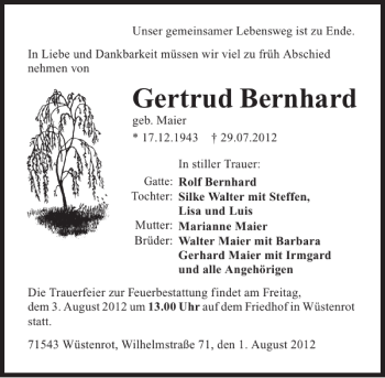 Traueranzeige von Gertrud Bernhard 