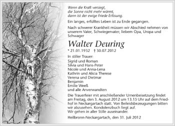 Traueranzeige von Walter Deuring 