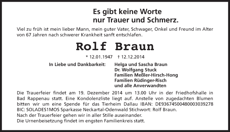  Traueranzeige für Rolf Braun vom 17.12.2014 aus 