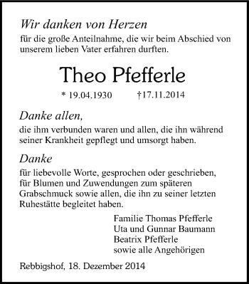 Traueranzeige von Theo Pfefferle 