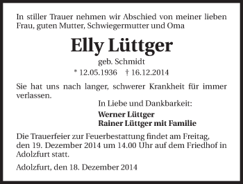 Traueranzeige von Elly Lüttger 