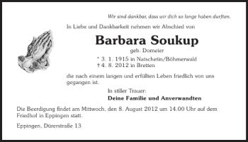 Traueranzeige von Soukup Barbara 