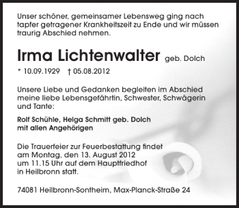 Traueranzeige von Irma Lichtenwalter 