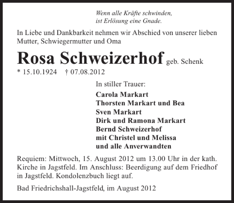  Traueranzeige für Rosa Schweizerhof vom 10.08.2012 aus 