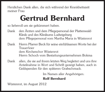 Traueranzeige von Gertrud Bernhard 