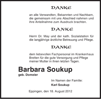 Traueranzeige von Barbara Soukup 