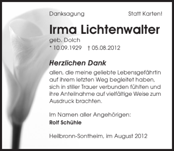 Traueranzeige von Irma Lichtenwalter 