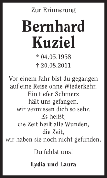 Traueranzeige von Bernhard Kuziel 