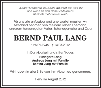 Traueranzeige von Bernd Paul Lang 