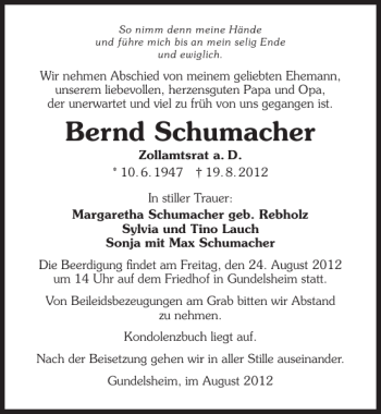 Traueranzeige von Bernd Schumacher 