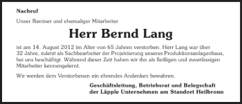 Traueranzeige von Bernd Lang 