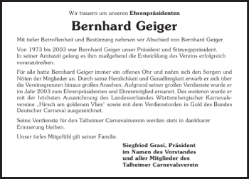 Traueranzeige von Bernhard Geiger 