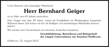 Traueranzeige von Bernhard Geiger 