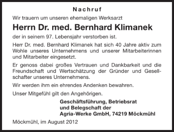 Traueranzeige von Dr. med. Bernhard Klimanek 