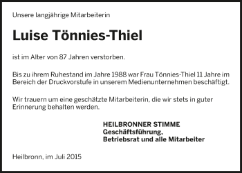 Traueranzeige von Luise Tönnies-Thiel 