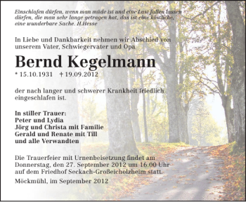 Traueranzeige von Bernd Kegelmann 