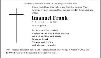 Traueranzeige von Immanuel Frank 