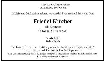 Traueranzeige von Friedel Kircher 