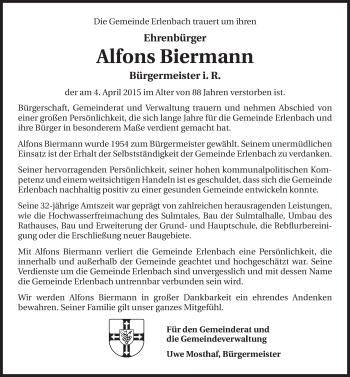 Traueranzeige von Alfons Biermann 