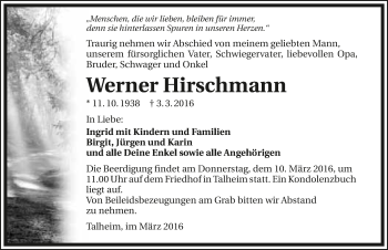 Traueranzeige von Werner Hirschmann 