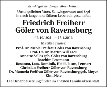 Traueranzeige von Friedrich von Ravensburg 