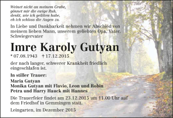 Traueranzeige von Imre Karoly Gutyan 