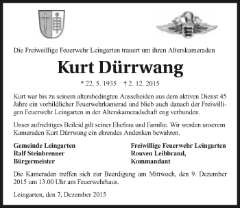 Traueranzeige von Kurt Dürrwang 