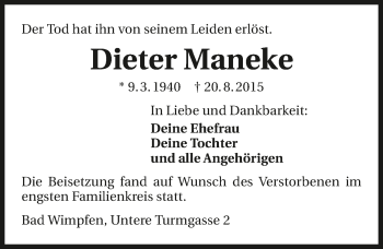 Traueranzeige von Dieter Maneke 