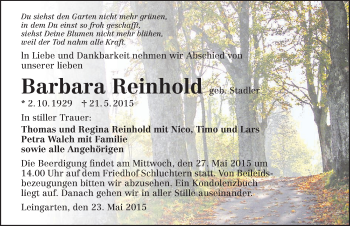 Traueranzeige von Barbara Reinhold 