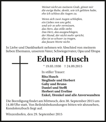 Traueranzeige von Eduard Husch 