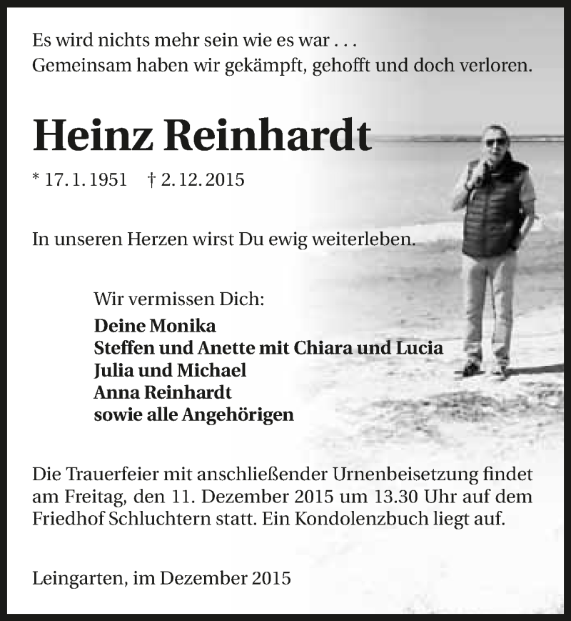  Traueranzeige für Heinz Reinhardt vom 09.12.2015 aus 