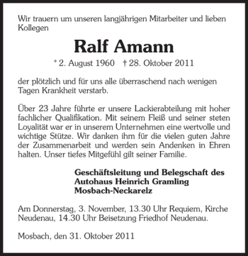 Traueranzeige von Ralf Amann 