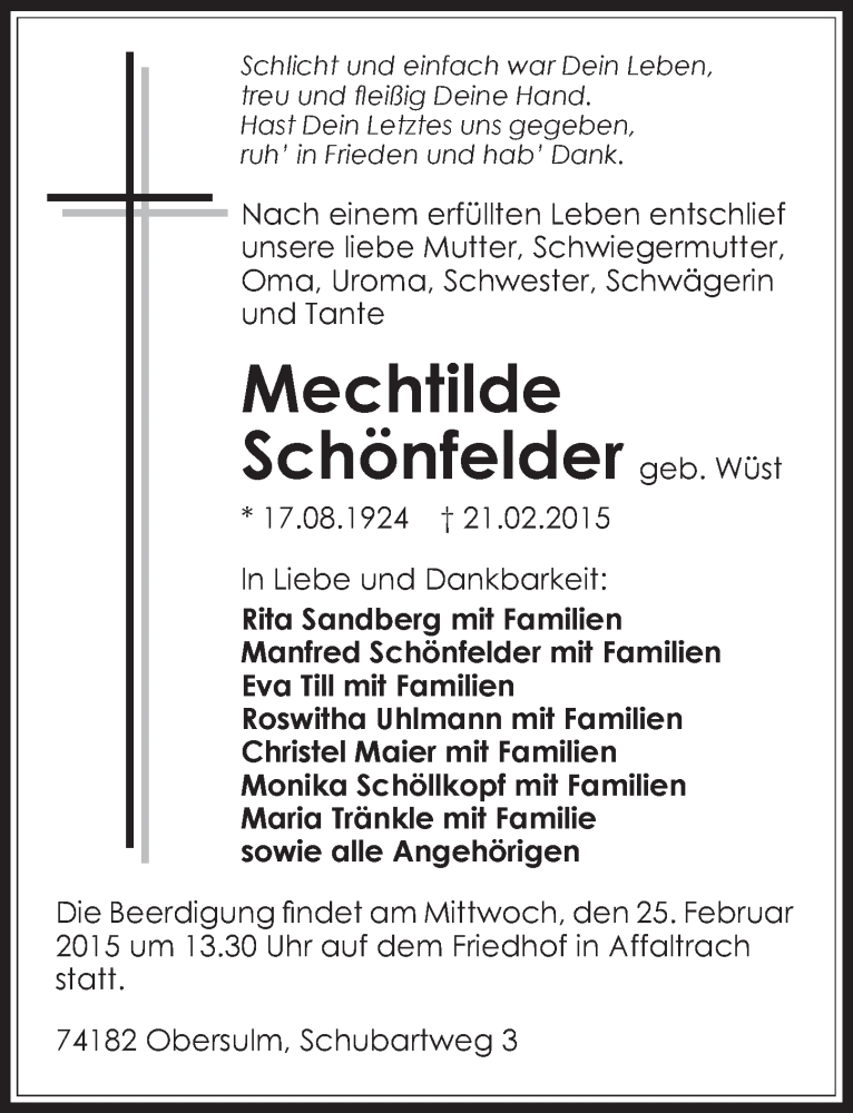  Traueranzeige für Mechthilde Schönfelder vom 23.02.2015 aus 