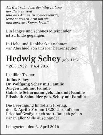 Traueranzeige von Hedwig Schey 