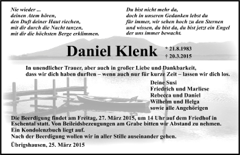 Traueranzeige von Daniel Klenk 