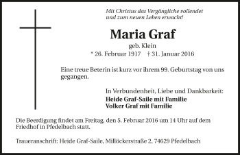 Traueranzeige von Maria Graf 