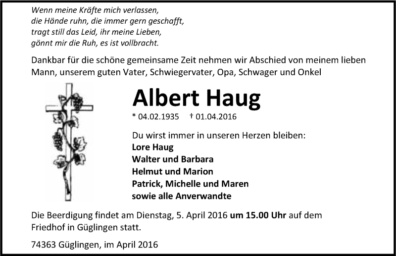  Traueranzeige für Albert Haug vom 04.04.2016 aus 